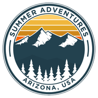 White background, blue circle outline, at top it reads summer adventures, at bottom it reads Arizona, USA. In middle of circle is mountains and trees with an orange sunset