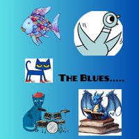 Blue characters like the Pigeon, Pete the Cat on a blue background with the words "The Blues."