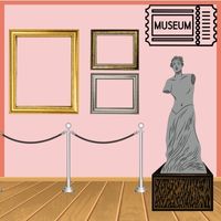 illustrated museum scene with frames and statue; illustrated museum ticket with text that says museum