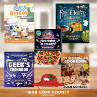 5 cookbook covers with a tomato splat towards the bottom if the image. The Maricopa County Library District logo is at the bottom of the image.