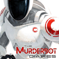 A white and red animated robot with the words The Murderbot Diaries written in red and black text at the bottom of the image.