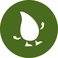 A green circle with a white water droplet with arms and legs on it