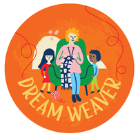grandma sitting in a chair knitting with two kids next to her. Text says dream weaver