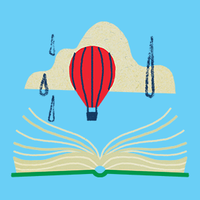 open book with a green spine, a red hot air balloon above it in front of a long white cloud