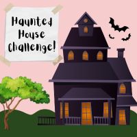 an illustrated haunted house with a pink sky background and text that reads "haunted house challenge"