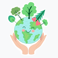 Cartoon drawing of hands cradling a smiling Planet Earth