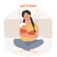An adult cradling a baby with musical notes surrounding them.