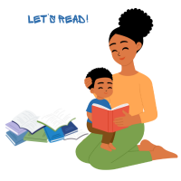 A child sitting in an adult's lap looking at a book, with other books scattered nearby.