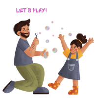 An adult kneeling and blowing bubbles toward a young child with their arms stretched out, as if to catch the bubbles.