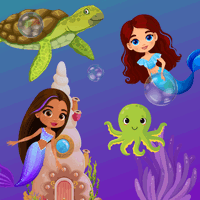Two mermaids swimming in the ocean with a sea turtle and an octopus.