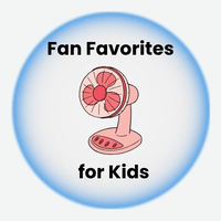 A blue circle surrounds a small pink electric fan. Above the fan are the words "Fan Favorites" and below the fan are the words "for Kids".