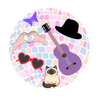 A colorful graphic featuring a pastel pink and blue disco ball background overlaid with various Taylor Swift-inspired icons: a purple guitar, black wide-brimmed hat, purple butterfly, heart-shaped sunglasses, hands forming a heart, and a small cat