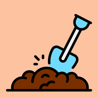 Light orange background with a blue shovel digging in a pile of brown dirt.