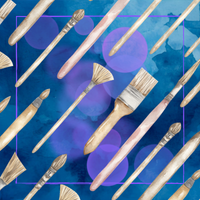Blue and purple abstract watercolor-style background with various diagonal paintbrushes in the foreground