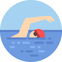 A circle with water halfway filling it with a person in a swim cap and goggles swimming.