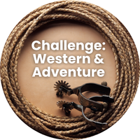 A circular photo of a lasso and spurs on a tan background