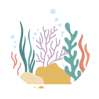 image depicts green and orange seaweed, purple and teal coral, yellow and tan rocks, and light blue ocean bubbles.