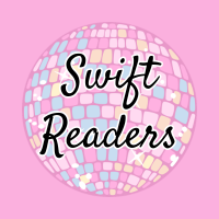 Pink disco ball on a pink background with the words "Swift Readers" in black cursive font.